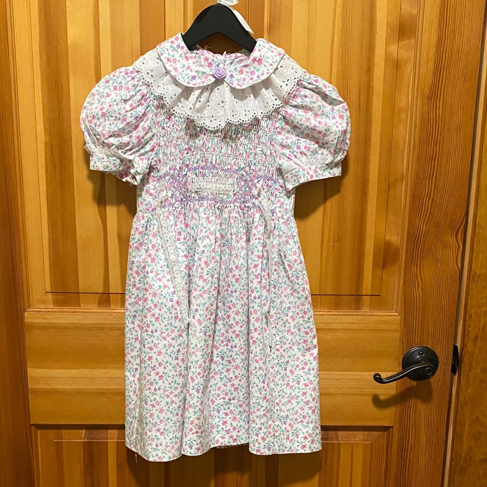 Vintage Polly Flinders Floral Smocked Dress with Lace Collar